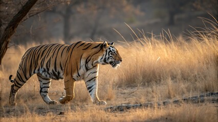 Obraz premium Majestic bengal tiger walking through tall golden grass at sunset