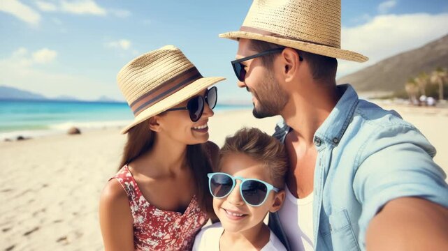 A joyful family takes a selfie on a sunny beach. Captured from a low angle, this vibrant scene feels like a still from a vacation video.