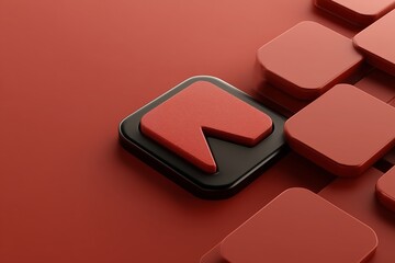 A visually striking abstract design featuring a red and black button with a distinctive symbol. The smooth textures create an engaging focal point against a uniform red background.
