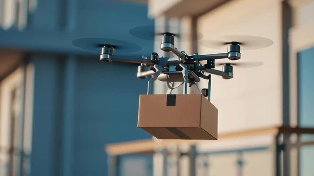 A drone is flying over a city with a box attached to it. The drone is hovering over a building with a balcony
