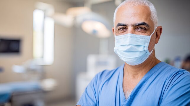 Male healthcare professional wearing a surgical mask and blue scrubs stands confidently in a modern medical facility, showcasing expertise and dedication to patient care in a clinical environment - Powered by Adobe