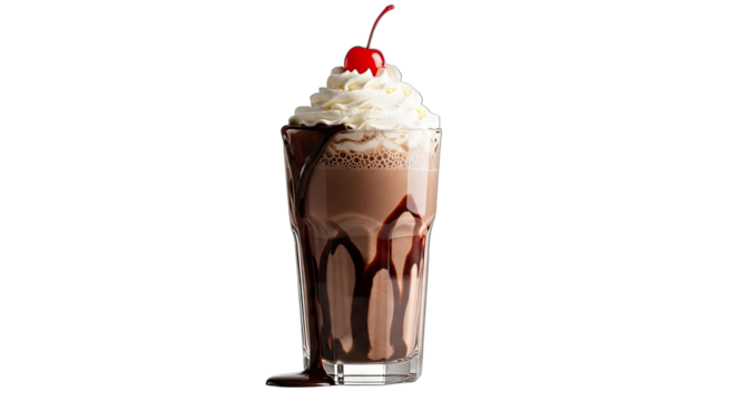 Delicious chocolate milkshake topped with whipped cream and cherry