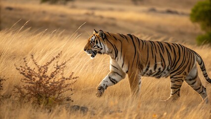 Fototapeta premium Majestic bengal tiger walking through dry grassland in natural habitat