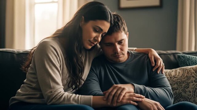 Couple Consoling Each Other on Sofa
