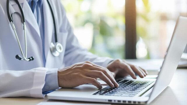 A doctor is typing on a laptop computer. The doctor is wearing a white coat and has a stethoscope around his neck. The laptop is open on a desk