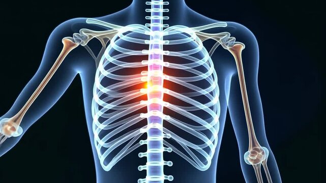 Ribs human, bone structure, anatomy study. Body framework. Skeleton display highlights chest protection. Bone density critical for support strength. Human skeleton explores biological architecture.