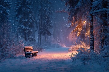 Winter scene in park during heavy snowfall with lights and bench at nighttime