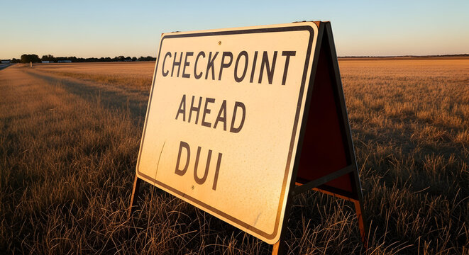 Drive Safe Checkpoint Ahead Warning Sign In A Rural Field Landscape