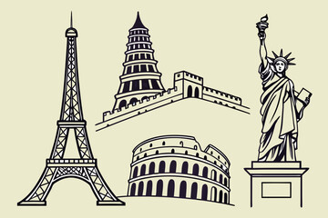 Obraz premium Iconic world landmarks collection featuring eiffel tower great wall statue of liberty and colosseum