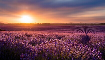 Obraz premium a serene field of vibrant purple lavender flowers bathed in the warm ethereal glow of the setting sun