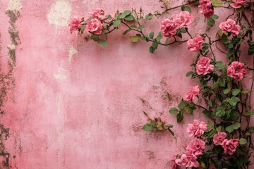 Pink roses climbing a weathered pink wall