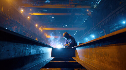 Steelworker welding large beams in a brightly lit industrial plant filled with blue haze and yellow overhead cranes