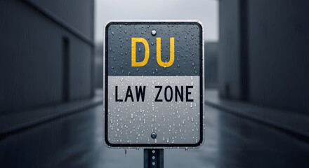 Driving Under The Influence Law Zone Warning Sign On Roadside In Rainy Weather