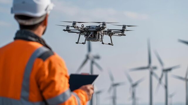 A man in a hard hat is looking at a drone flying over a wind farm. The drone is hovering over a large wind turbine. The man is holding a clipboard