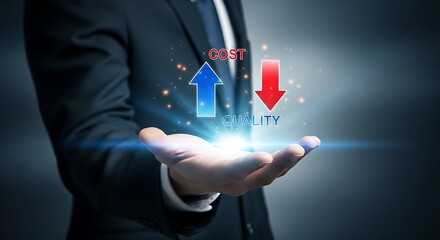 Businessman holding glowing upward blue arrow for cost and downward red arrow for quality, symbolizing the relationship between business expenses and product value