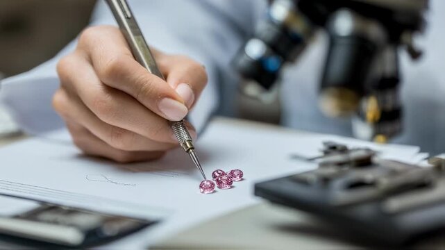 Hands of a gemologist grading gemstone quality with precision instruments documenting attributes like transparency and symmetry in a clinical environment.