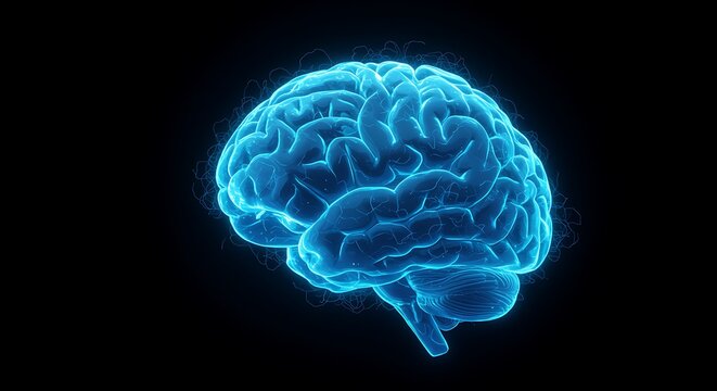 Glowing Blue Human Brain on Black Background Representing Intelligence Neurology and Cognitive Function Exploring Concepts Like Memory and Consciousness