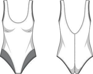 One-Piece Swimsuit Front and Back View, Cad Drawing Flat Vector Illustration