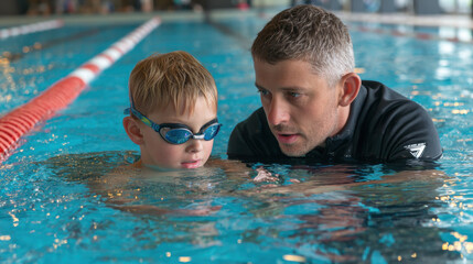 Swimming coach giving instructions to young boy during swim lesson in indoor pool