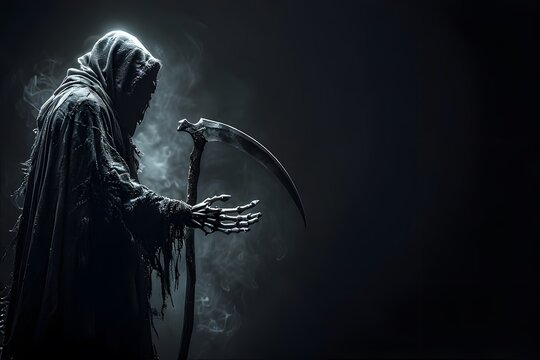 Spooky Grim Reaper Holding  in Gothic Darkness background.