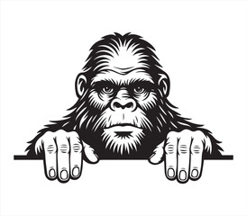 Bigfoot or Gorilla Mascot Peeking Over Edge | Black and White Line Art Vector Illustration