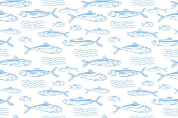 Sardines, fish, seafood, seamless pattern vector illustration, hand drawn sketch