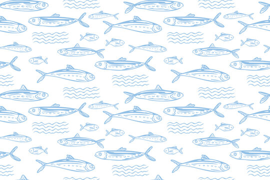 Sardines, fish, seafood, seamless pattern vector illustration, hand drawn sketch