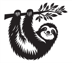 Obraz premium Cute Sloth Hanging on Tree Branch | Black and White Animal Line Art Vector