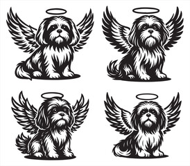 Obraz premium Angel Dog with Wings and Halo | Black and White Pet Memorial Line Art Vector