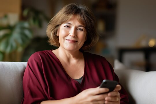 Smiling caucasian adult woman relaxing with smartphone at home
