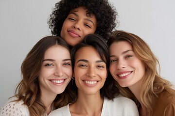 Obraz premium Smiling young adult females of various races embracing friendship in group portrait
