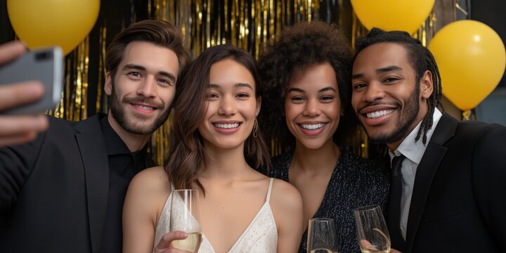 Group of young adults celebrating with toasts and selfie at party with gold background - Powered by Adobe