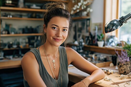 Smiling young caucasian female jeweler in workshop surrounded by tools and jewelry creations