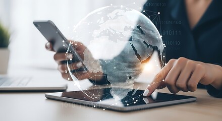 A woman is using a smartphone and tablet with a digital globe overlay, representing global communication, technology, and the interconnectedness of the modern world