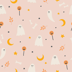 Hand drawn seamless halloween pattern with cute elements in flat style. Spooky backdrop with bones, candy, moon, stars and ghosts. Vector doodle print in pastel colors