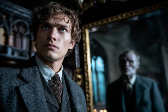 Dr. Jekyll and Mr. Hyde reveal disturbing transformation as man confronts monstrous reflection in mirror inside gothic room