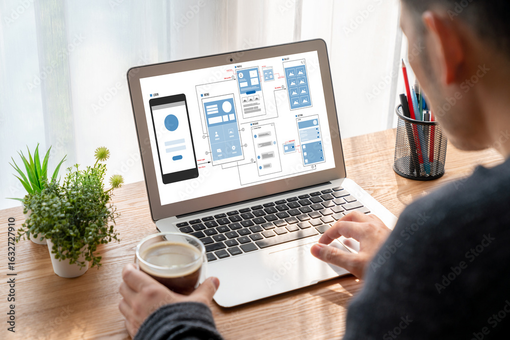 Wall mural ux ui design process for modish mobile application and website . creative prototype of wireframe for
