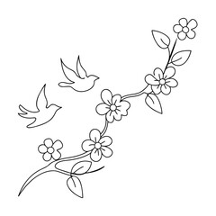 Fototapeta premium Two birds flying near blooming branch black and white