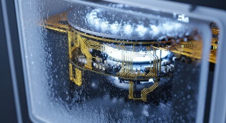 Artistic rendering of quantum annealer circuits visible through the transparent panel of a dilution refrigerator bay under soft blue lighting.