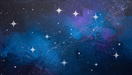 Abstract celestial shapes and stars on deep gradient backgrounds.
