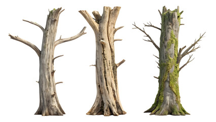 Three weathered dead tree trunks stand starkly, one covered in vibrant green moss