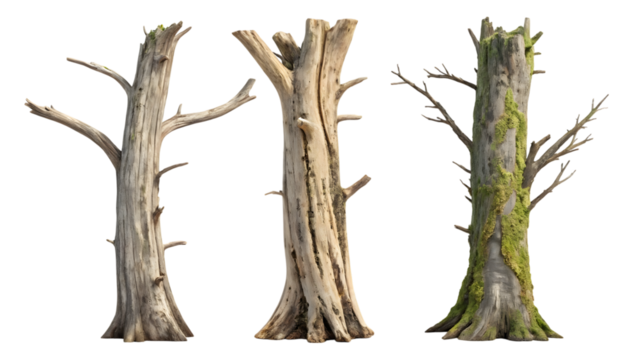 Three weathered dead tree trunks stand starkly, one covered in vibrant green moss
