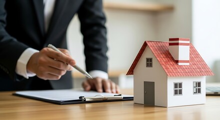 Real estate agent pointing to a contract for a house sale, symbolizing a business deal and property ownership