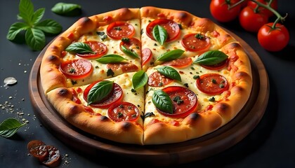 top view of delicious Italian pizza with vegetables and salami on black background