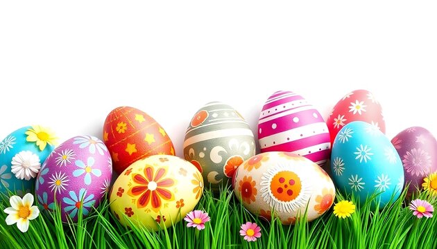 Happy Easter, colorful painted eggs isolated on white background, copy space, greeting card template. 3d illustration