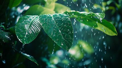Close-up of raindrops on lush green leaves in a vibrant forest setting
