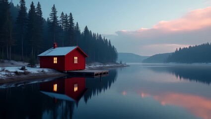 Fototapeta premium A traditional red Scandinavian cabin on the edge of a perfectly still, mirror-like lake, the cabin is painted in vibrant