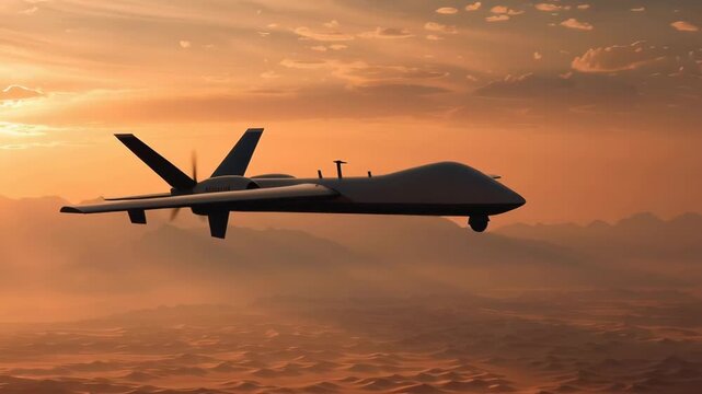 A military jet flies over a desert landscape at sunset. The sky is filled with clouds, and the sun is setting in the distance. The scene is serene and peaceful