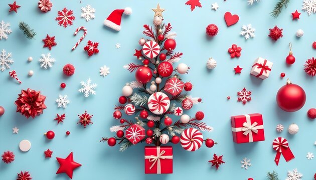 Christmas tree from red knick knack on blue background, flat lay. Vertical.