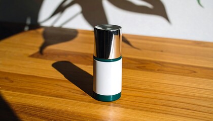 Modern White and Silver Cosmetic Bottle on Wooden Surface with Shadow and Leaf Pattern Background